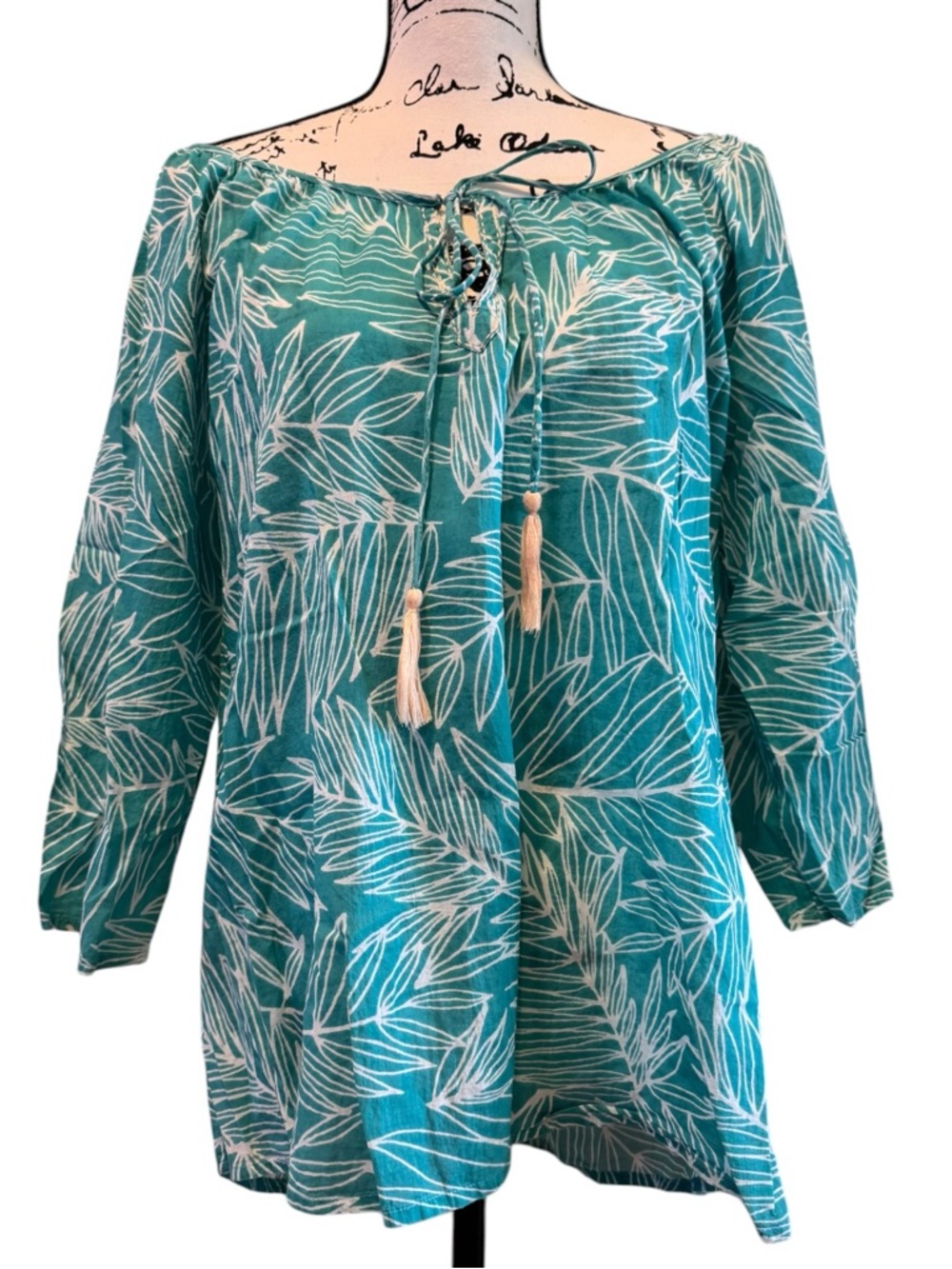 KikiSol Cotton Popover Tropical Aqua Print Top Sz XL